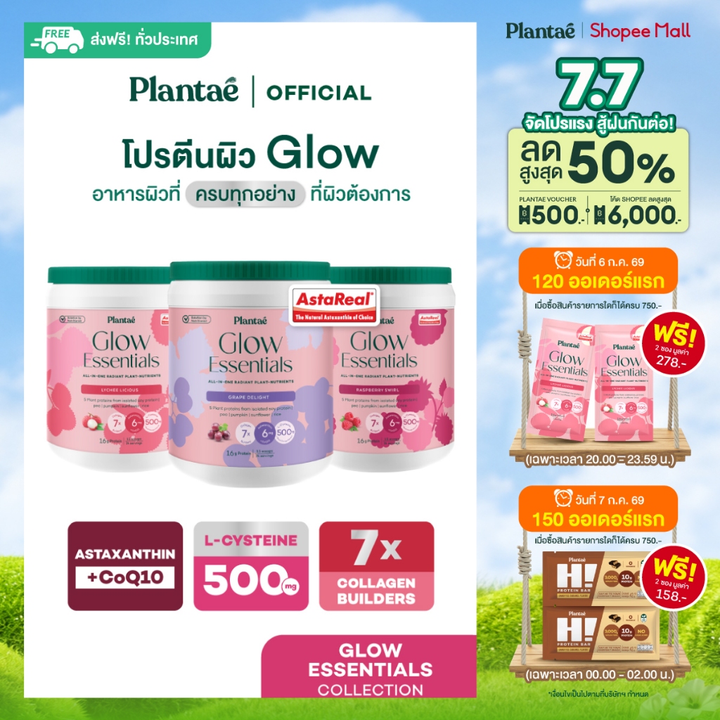 Plantae Glow Essentials กระปุก โปรตีนพืช อาหารผิว Astaxanthin แอสต้าแซนธิน CoQ10 Collagen โปรตีนจากพืช plant based