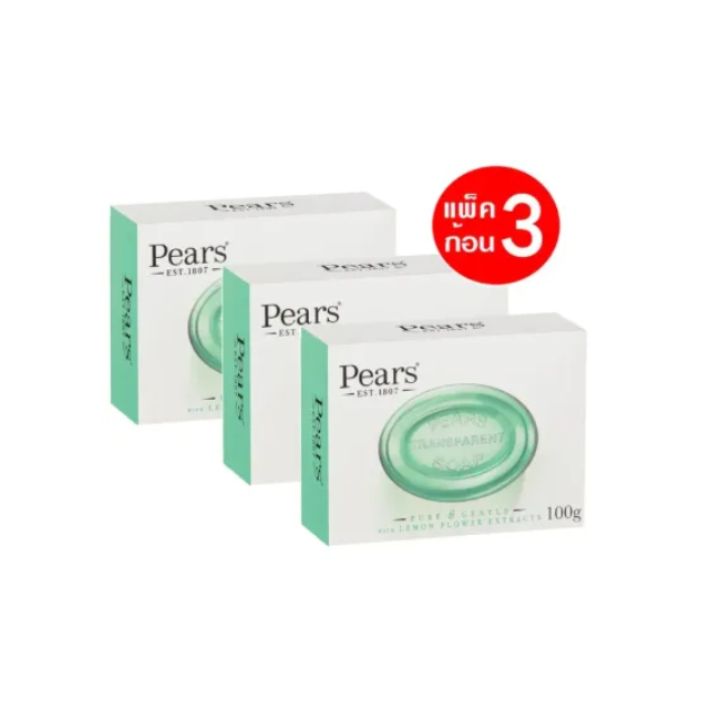 สบู่ก้อน สบู่กลีเซอรีนธรรมชาติ Pears Soap ขนาด 100 กรัม 3 กล่อง สีเขียว