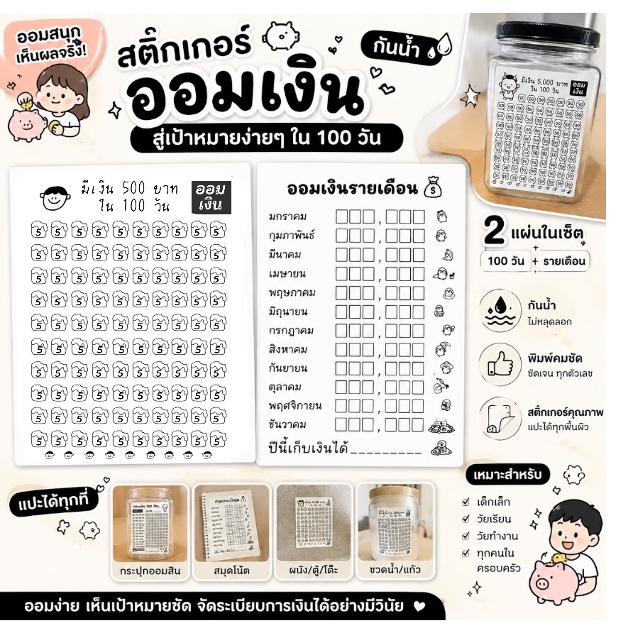 สติ๊กเกอร์ ตารางออมเงิน ขนาดA6 สีขาว-ดำ กาวแน่น กันน้ำ แปะได้ทุกที่ ใบออม สตก