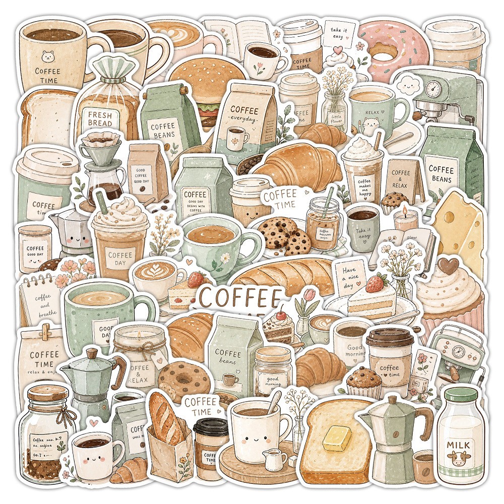 [พร้อมส่ง] 53 ชิ้น PVC  สติกเกอร์ DIY ลายการ์ตูน กาแฟ เบเกอรี่ Bakery Coffee Moment Cartoon Sticker