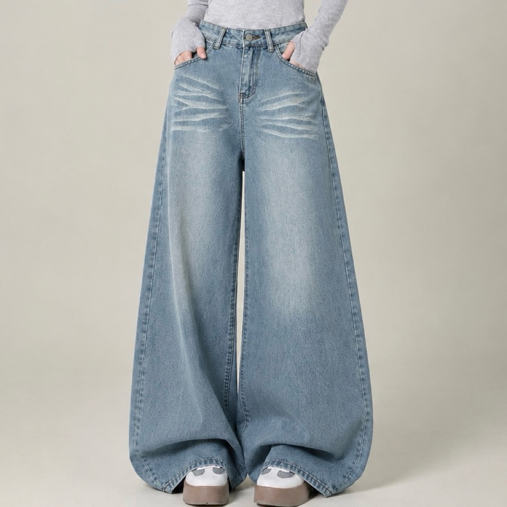 JINJEANS-3421 (XS-9XL) กางเกงยีนส์สีอ่อน baggy jeans แต่งหนวดแมวแบบพิเศษ