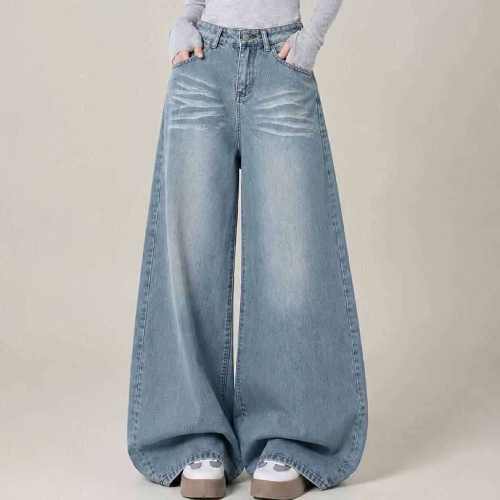 JINJEANS-3421 (XS-9XL) กางเกงยีนส์สีอ่อน baggy jeans แต่งหนวดแมวแบบพิเศษ