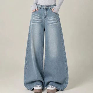 JINJEANS-3421 (XS-9XL) กางเกงยีนส์สีอ่อน baggy jeans แต่งหนวดแมวแบบพิเศษ