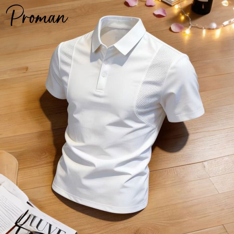 PROMANเสื้อโปโลผู้ชาย ผ้าตาข่ายระบายเหงื่อ สีพื้นเรียบ กระบอกรัดสวยผอม จับคู่ง่าย รองรับCOD