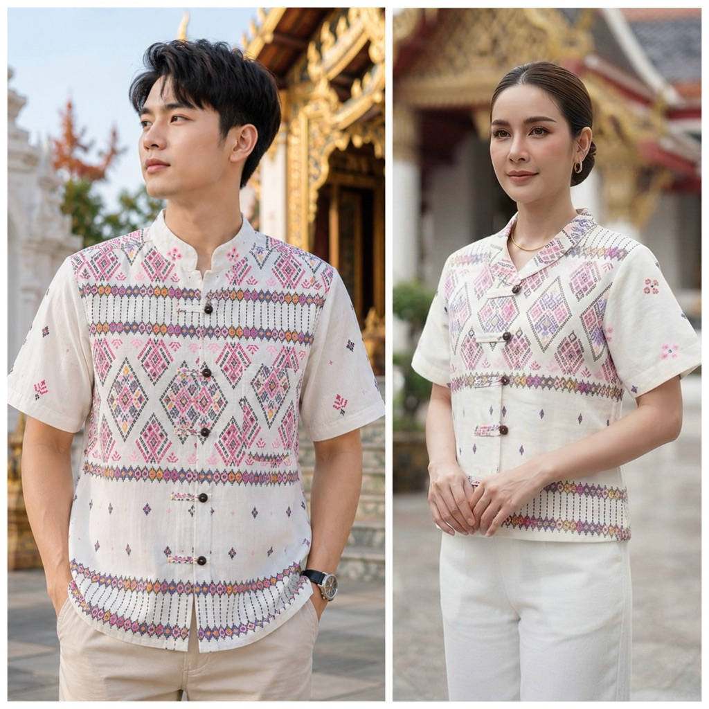 เสื้อพื้นเมือง ชาย/หญิง ลายมัดมี่ขาว