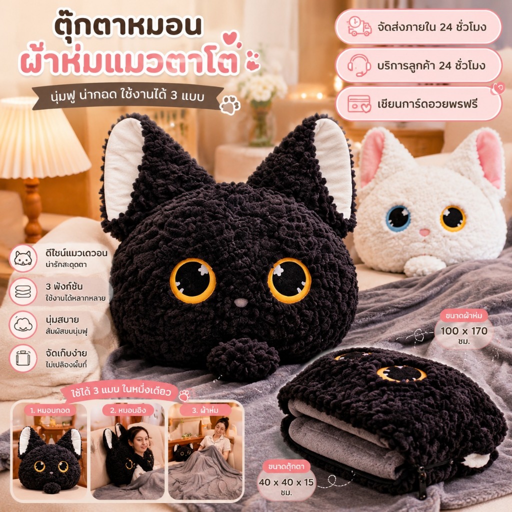 ตุ๊กตาหมอนแมวตาโตน่ารัก ขนาด 40 x 40 x 15 ซม. ใช้พักผ่อนที่บ้าน