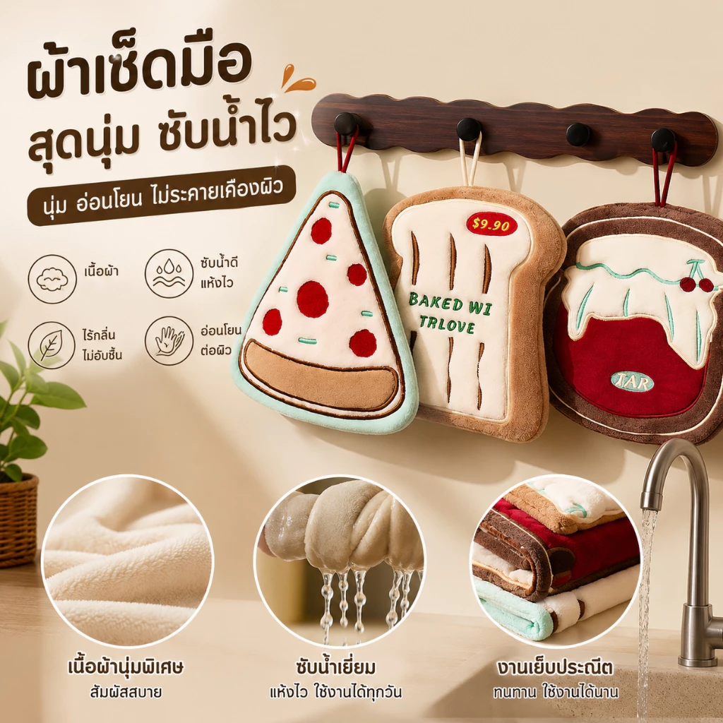 ผ้าเช็ดมือแขวนผนัง ขนกำมะหยี่นุ่ม อเนกประสงค์ ซับน้ำเร็ว แห้งไว ไม่มีกลิ่นอับ ห้องครัว ห้องน้ำ ลายการ์ตูน