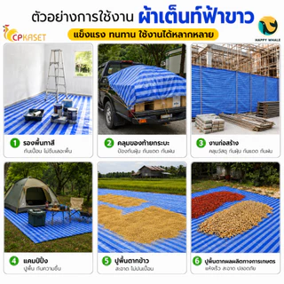 ผ้าใบฟ้าขาว หนาพิเศษ กันแดดกันฝน มีตาไก่ ผ้าเต็นท์ ผ้าฟาง บลูชีท ผลิตในไทย ขนาด 2x2 - 4x5
