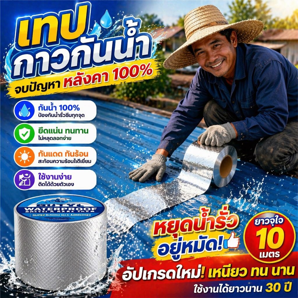 【ไม่แตกตลอด 50 ปี】เทปกาวกันน้ํารั่วซึม าวกันรั่ว กันน้ำ ยาว 10 เมตร ป้องกันการรั่วซึมได้100% รองรับ 58 ชนิดวัสดุ หลังคา