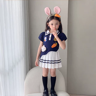 PRINCESS KESLI 1-9 ปี ชุดเดรสสาว เดรสโปโลเด็กผู้หญิง กระต่าย กระโปรงจีบสีขาว ผ้านิ่มใส่สบาย สไตล์น่ารัก ชุดเด็ก