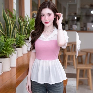 เสื้อแฟชั่น ผ้าร่องพรีเมี่ยม คอปก แขนตุ๊กตาแต่งผ้าชีฟอง ผ้าใส่สบาย ใส่ทำงาน ใส่แมท LG346
