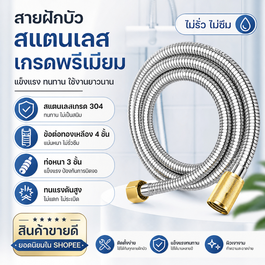 GT สายฝักบัว ทองแดงบริสุทธิ์ 1.5/2เมตร สแตนเลส 304แท้ สายฝักบัวอาบน้ำ สายถัก2ชั้น ถึกทน ไม่รั่ว ไม่ซึม ทนต่อแรงดัน