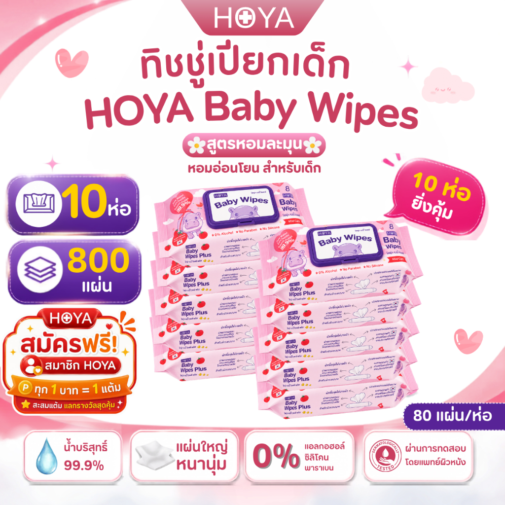 (10ห่อมีน้ำหอม) HOYAทิชชู่เปียก baby Wipes Plus 80แผ่น/ห่อ สูตรมีกลิ่นหอม อ่อนโยนสำหรับผิวบอบบาง