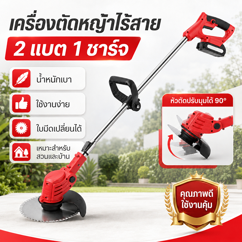 【ส่งไวจากไทย】เครื่องตัดหญ้าไร้สาย แบตเตอรี่ลิเธียม 2 แบต 1 ชาร์จ ปรับความยาวได้ ใบมีด 3 แบบ มอเตอร์แรง