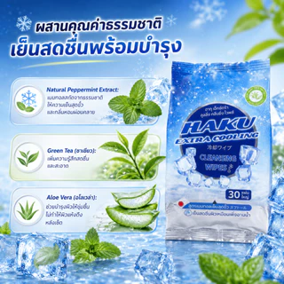 (6ห่อ) Haku Cooling กลิ่น MENTHOL ฮากุคูลลิ่ง(ทิชชู่เปียก สูตรเย็น สไตล์ญี่ปุ่น)30 แผ่นใหญ่ เย็นสุดขั้ว