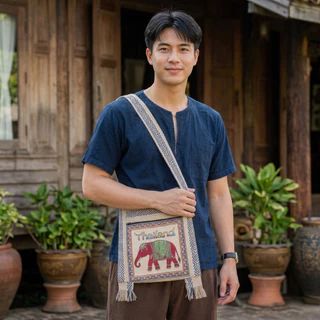 ย่ามลายช้าง สีครีม กระเป๋าย่าม ผ้านากา กระเป๋าสะพาย ผ้าพื้นเมือง คละสีคละลาย 2ช่อง 2ซิป มีซับใน ไซส์ 8/9/10/12 นิ้วส่งไว