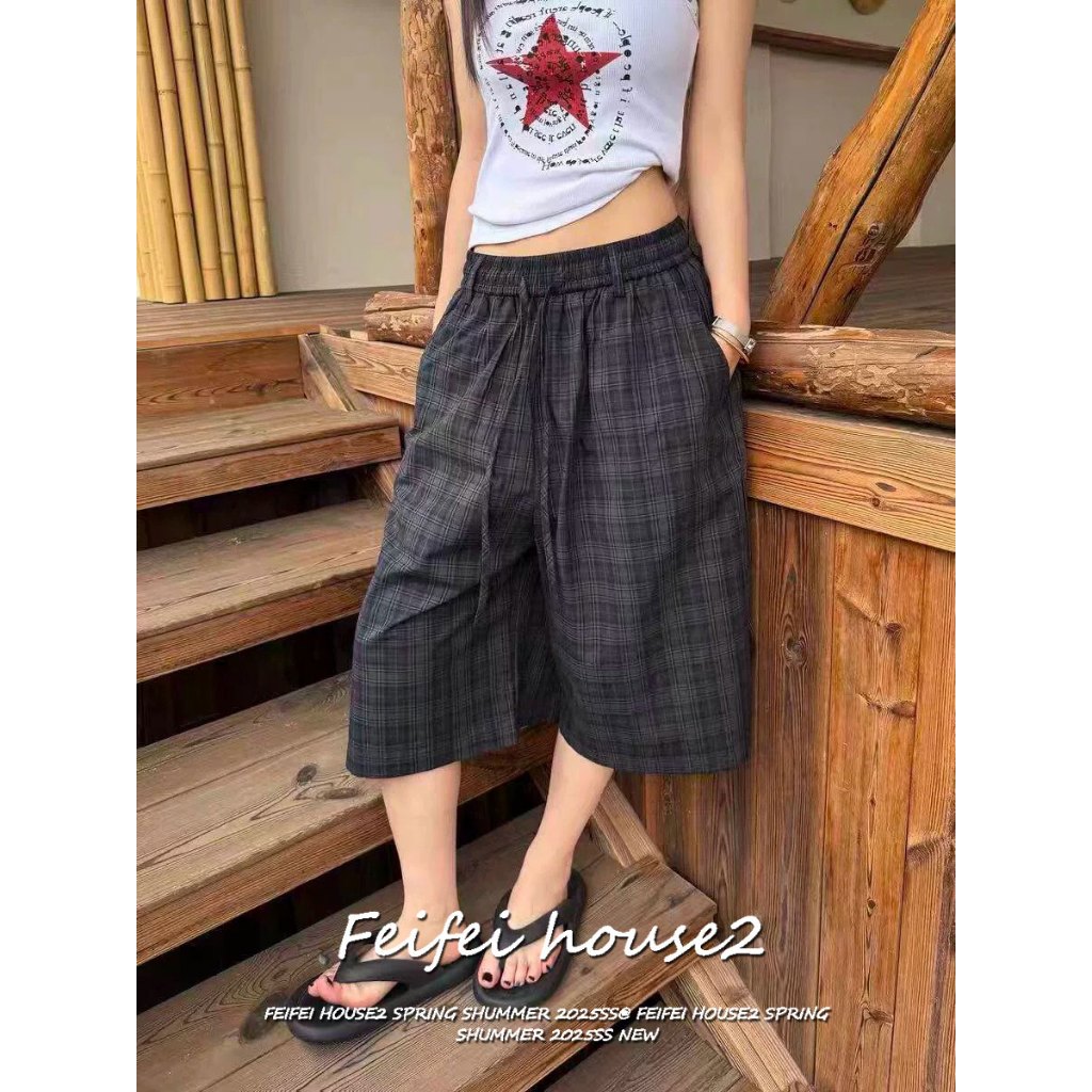 [Feifei-Color-block plaid pants]กางเกง7ส่วนผู้หญิงฤดูร้อนทรงหลวมสไตล์ลำลองมีเชือกดึงเอวลายตาราง