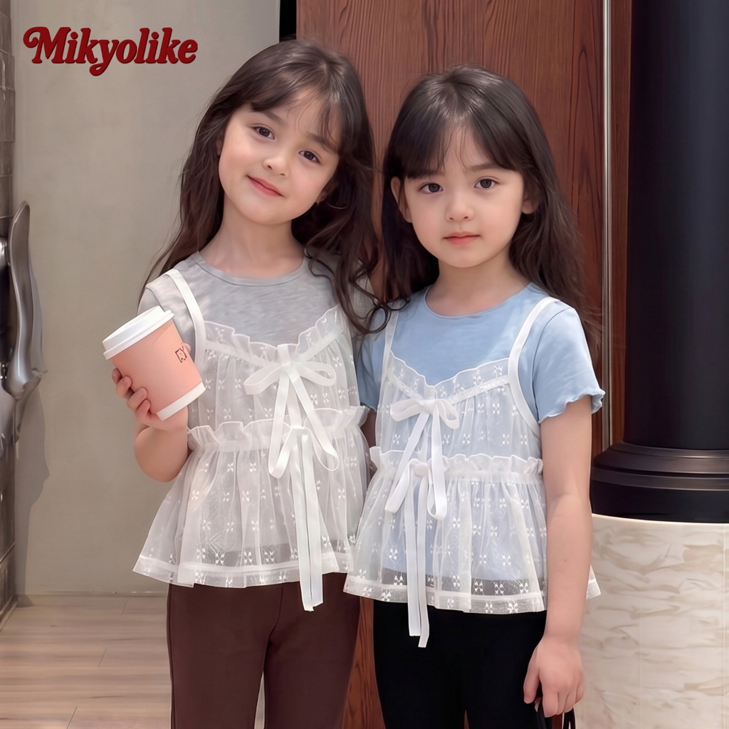 Mikyolike 2-12 ปี ชุดเด็กเกาหลีผู้หญิง มีซับใน แขนสั้น ลูกไม้ระบาย เสื้อยืดเด็กผู้หญิงคอกลม+กางเกงขาม้าเด็กผู้หญิง