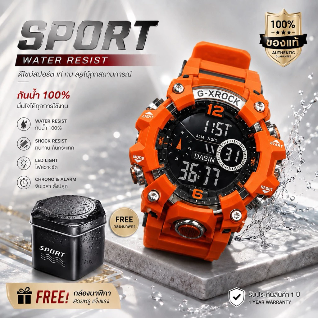 (A12) (พร้อมกล่อง) นาฬิกาข้อมือดิจิตอล Sport กันน้ำ ไฟสว่าง ทรงยอดฮิต