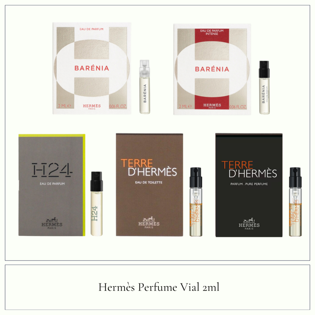 Hermes Perfume Vial 2ml, Terre d'Hermes, H24, Barenia, Twilly d'Hermes, L'ambre des Merveilles