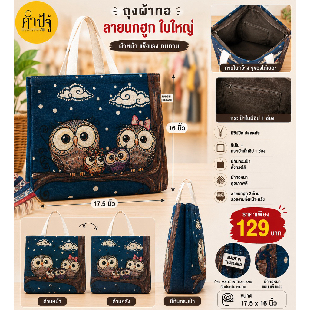 ถุงผ้าทอลายนกฮูก ใบใหญ่ มีซิป ซับใน ลาย2ด้าน