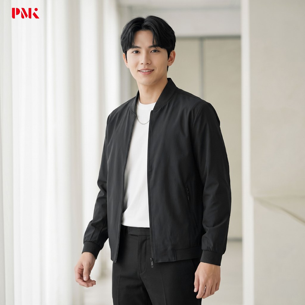 PMK-M05JBSP01- เสื้อแจ็คเก็ต รุ่น Smooth Premium สีดำ ยับยาก นุ่มลื่น ใส่สบาย ไม่ร้อน เเห้งไว