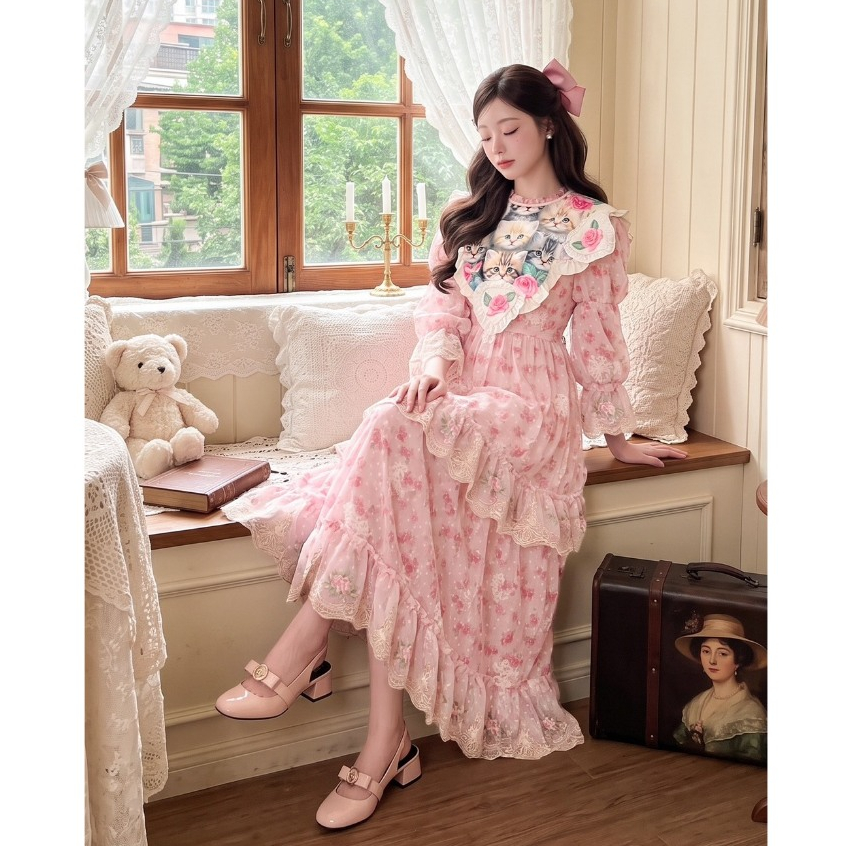 (มี3XL) Juliet Rose Dress เดรสยาววินเทจผ้าชีฟองแขนยาว แต่งปกวินเทจพิมพ์ลาบ ปลายกระโปรงตัดต่อ ซิปหลัง