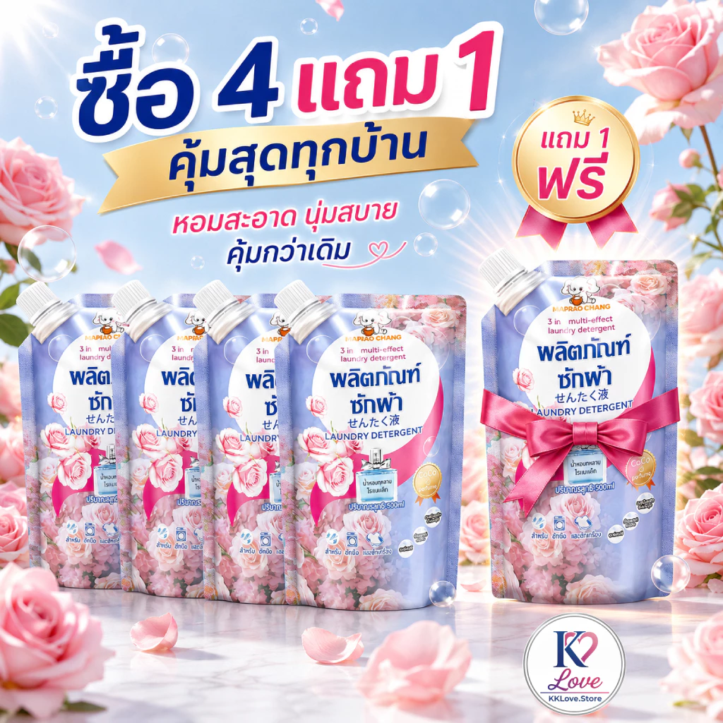 น้ำยาซักผ้าหอมติดผ้า 3in1 ขจัดคราบ ผ้านุ่ม กลิ่นกุหลาบ แพ็คซื้อ 4 แถม 1