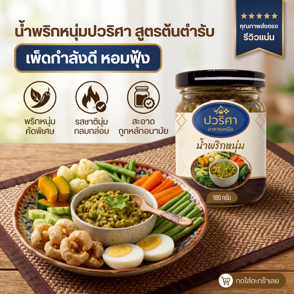 น้ำพริกหนุ่ม รสดั้งเดิม ปวริศา อาหารเหนือ สูตรต้นตำรับเชียงใหม่ (180 กรัม) ไม่ใส่วัตถุกันเสีย
