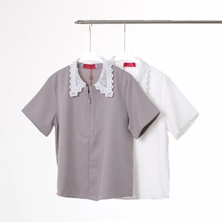 Lawyer Store [ 723322 ] เสื้อปกลูกไม้ แขนสั้น คอซิป งานปกลูกไม้ เนื้อผ้าตัดสูทเนื้อไม่หนามาก เสื้อผู้หญิง เสื้อเเเขนสั้น