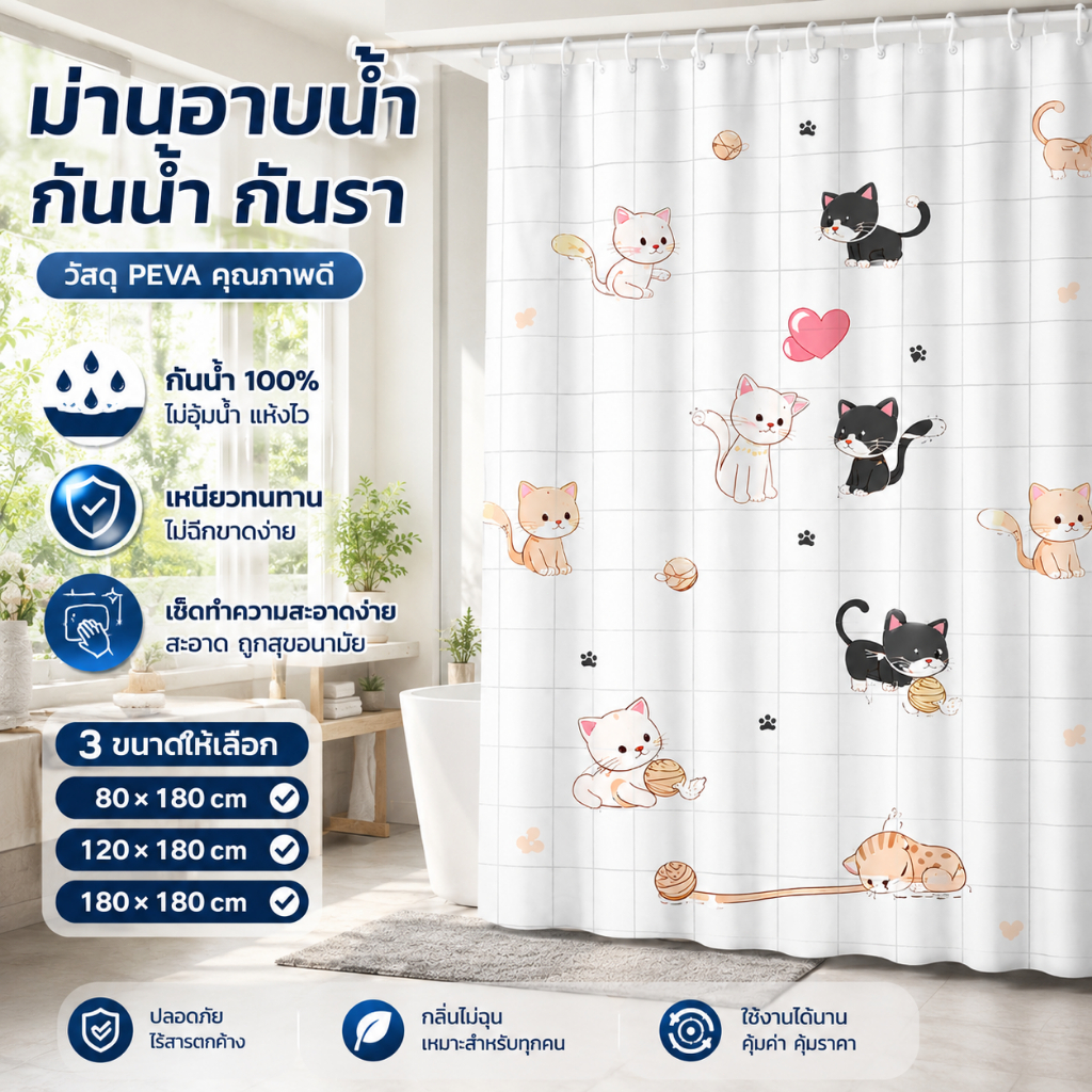 HL ม่านอาบน้ำ PVC 180x180 ซม. ม่านกั้นห้องน้ำ กันน้ำ 100% กั