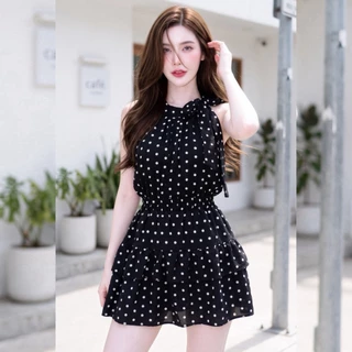 สินค้าพร้อมส่ง ชุดเซตกระโปรง ผ้าไหมอิตาลี (Polka Dot) เสื้อแขนกุดผูกโบว์ข้าง กระดุมหลัง พร้อมซับใน+กระโปรงพร้อมซับใน