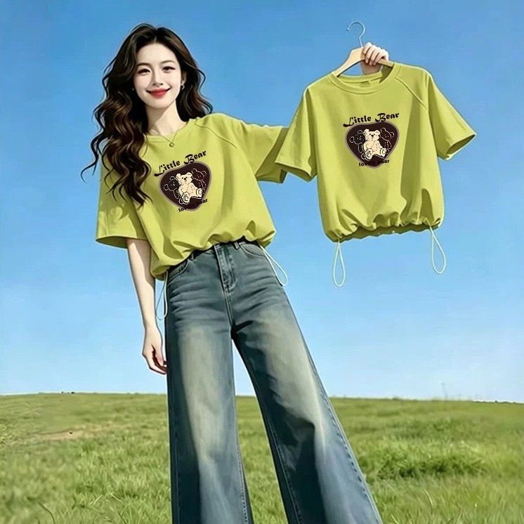 เสื้อครอปสาวอวบผู้หญิงน่ารัก สไตล์ใหม่สำหรับฤดูร้อน มีเชือกผูก เสื้อยืดแขนสั้นทรงหลวมไตล์เกาหลีแฟชั่น ช่วยให้ดูผอมเพรียว