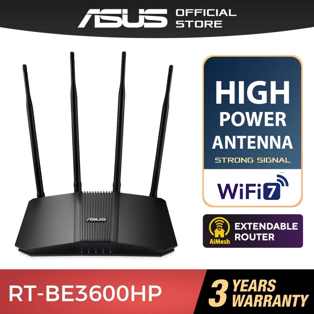 ASUS (RT-BE3600HP) WiFi 7 BE3600 High Power Wireless Router with High Gain Antenna for Strong Covera