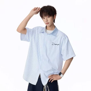💥BecoolMan💥สไตล์อเมริกัน ปลอมสองชิ้น เสื้อเชิ้ต ฤดูร้อน แขนสั้น รุ่นคู่รัก หลวมสบาย ลายเส้นสีตัดกัน สไตล์นักศึกษา