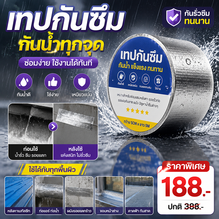 กันรั่วหลังคา ทนความชื้น ยึดเกาะแข็งแรง สำเร็จรูป ซ่อมท่อ เทปกันน้ำ เทปกาวกันน้ำ เทปอลูมิเนียม