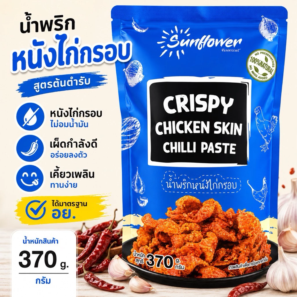 น้ำพริกหนังไก่กรอบ 370 กรัม Numprik Sunflower