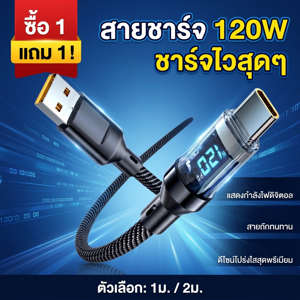 【ซื้อ 1 แถม 1】สายชาร์จเร็ว 120W สายถักมีจอ LED บอกวัตต์ ดีไซน์โปร่งใส ชาร์จไว Type-C / L 1m 2m