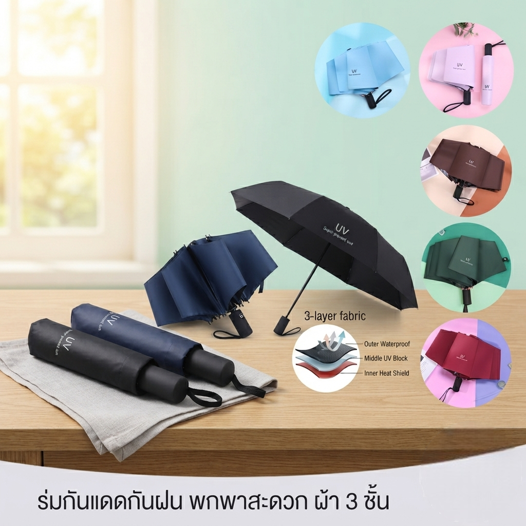 ร่มพับกันแดด กันฝน กัน UV ผ้า 3 ชั้น พร้อมถุงผ้าจัดเก็บ โครงสแตนเลส น้ำหนักเบา พกพาสะดวก จัดเก็บง่าย
