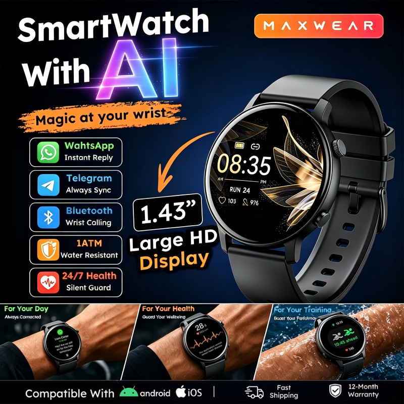 【2026ใหม่】1.43''จอใหญ่ Smart watch Ip68กันน้ำ การโทรผ่านบลูทูธ โหมดกีฬาหลายโหมด ชายและหญิงสมาร์ทวอทช์ วัดชีพจร SpO2