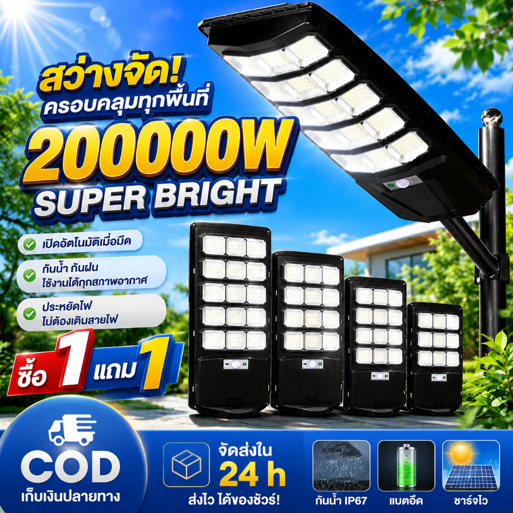 ไฟโซล่าเซลล์ 200000W Solar Light LED ไฟถนนโซล่าเซลล์ ไฟสปอตไลท์ IP67 กันน้ำ ควบคุมแสงอัจฉริยะ