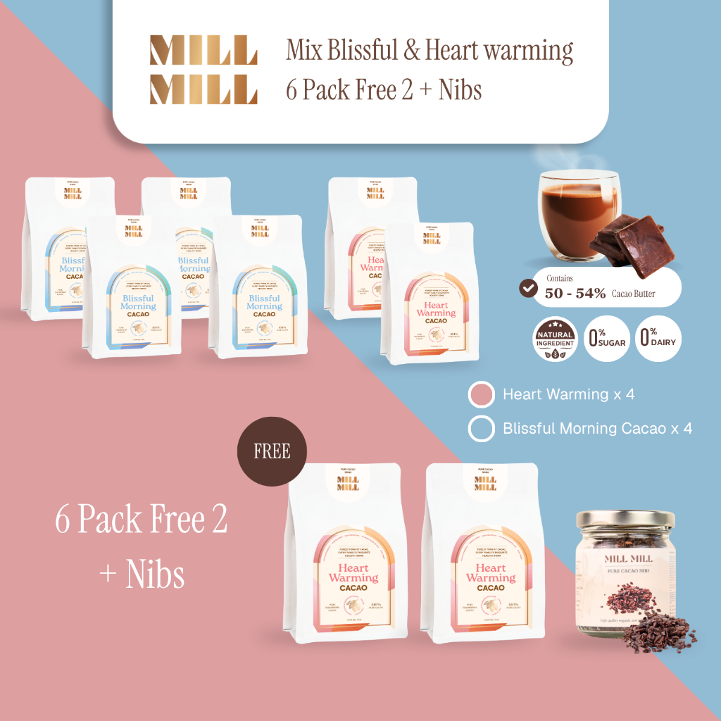 โปร 6 คละ Blissful (รสฟรุตตี้/เปรี้ยว) + Heart warming Mill Mill Pure Cacao คาเคาบริสุทธิ์ 100%