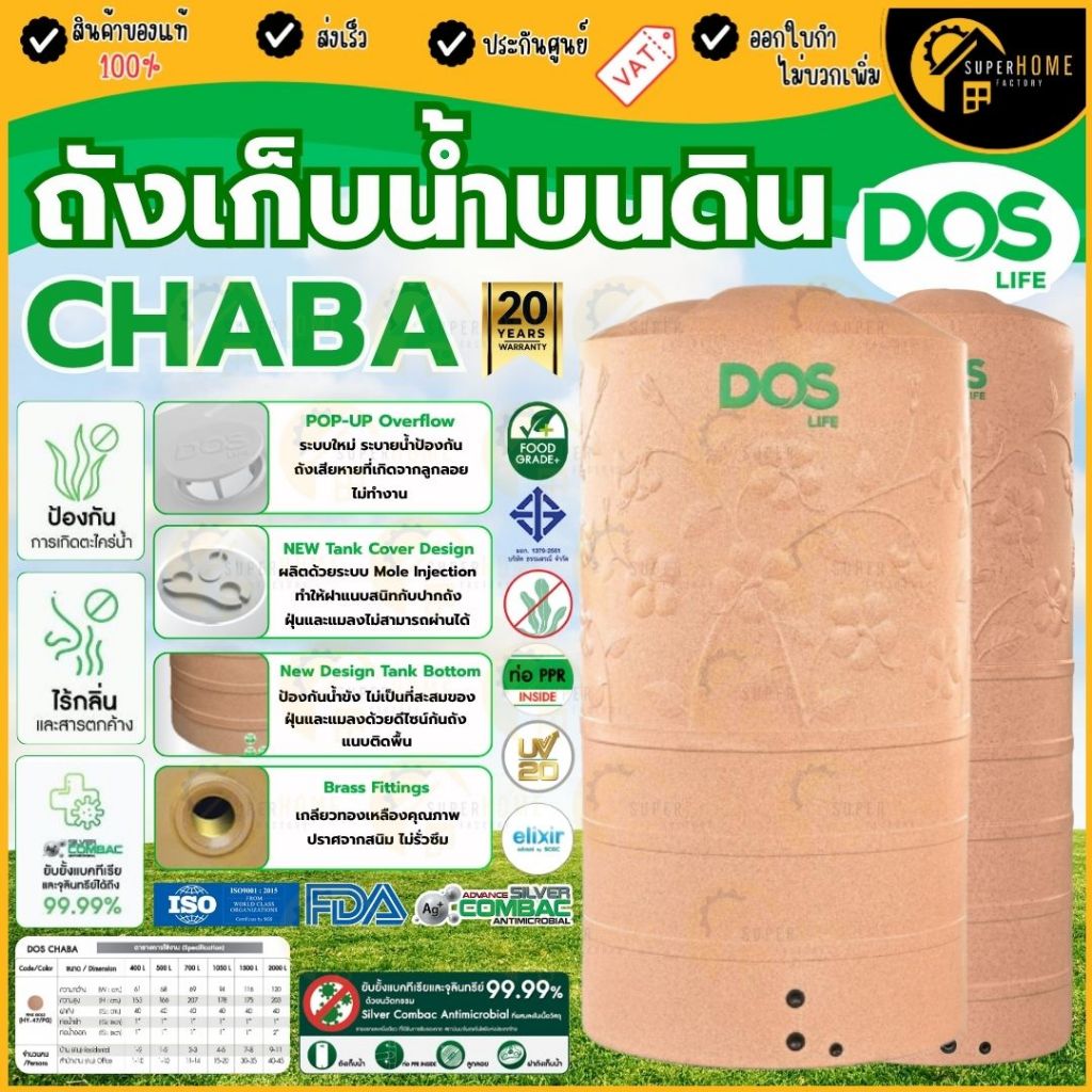 ส่งด่วน DOS ถังเก็บน้ำ ชบานาโน Chaba Nano 400L , 500L , 700L , 1050L , 1500L , 2000L ถังน้ำ ถังเก็บน้ำบนดิน