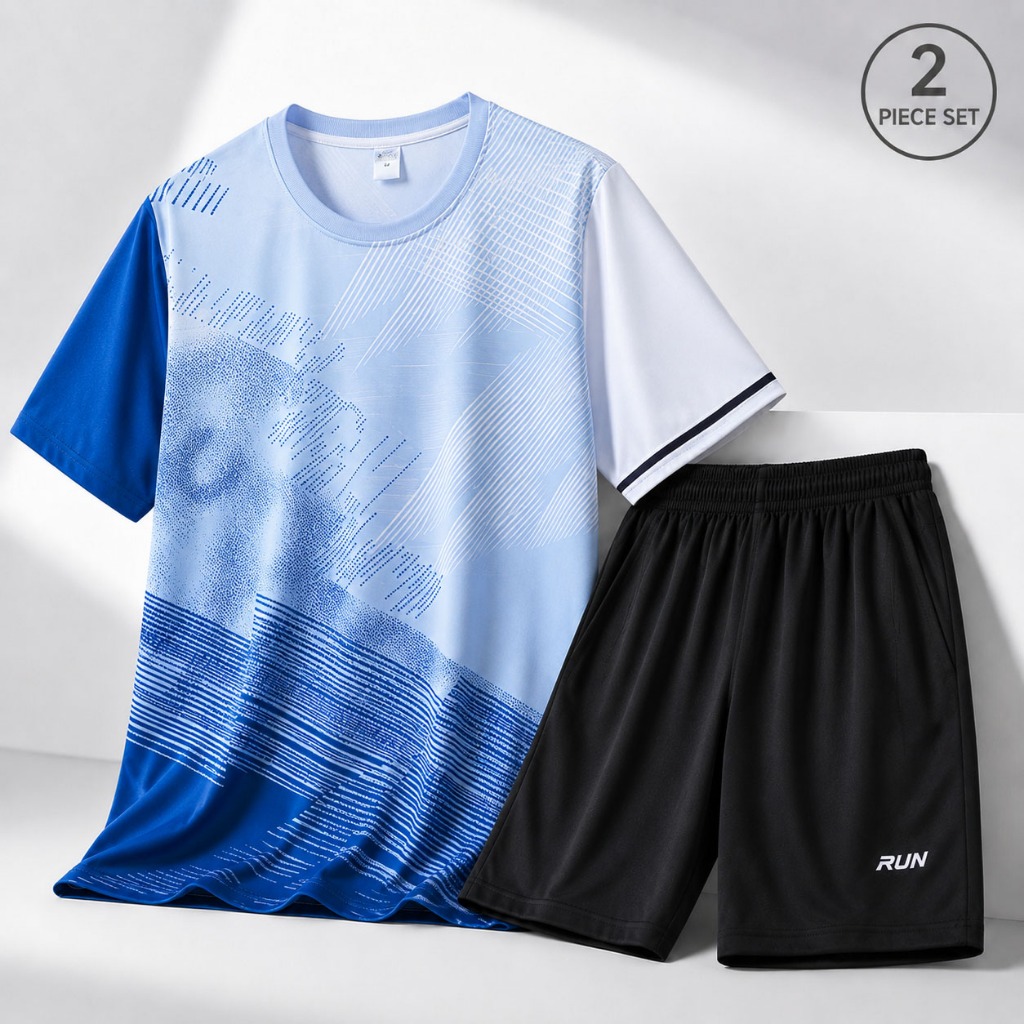 ชุดกีฬา ผู้ชาย 2 ชิ้น เสื้อแขนสั้นสีฟ้า + กางเกงขาสั้น ผ้าเบา ใส่สบาย ระบายอากาศดี