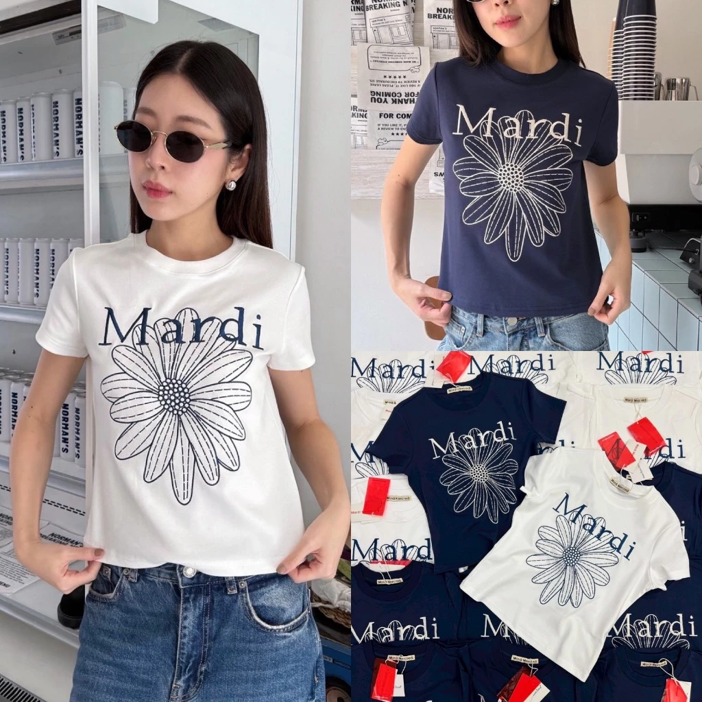 🍊 VL 5356 เสื้อยืดทรงพอดีตัว งานปักลายดอกไม้ยอดฮิต ผ้าดีใสสบาย
