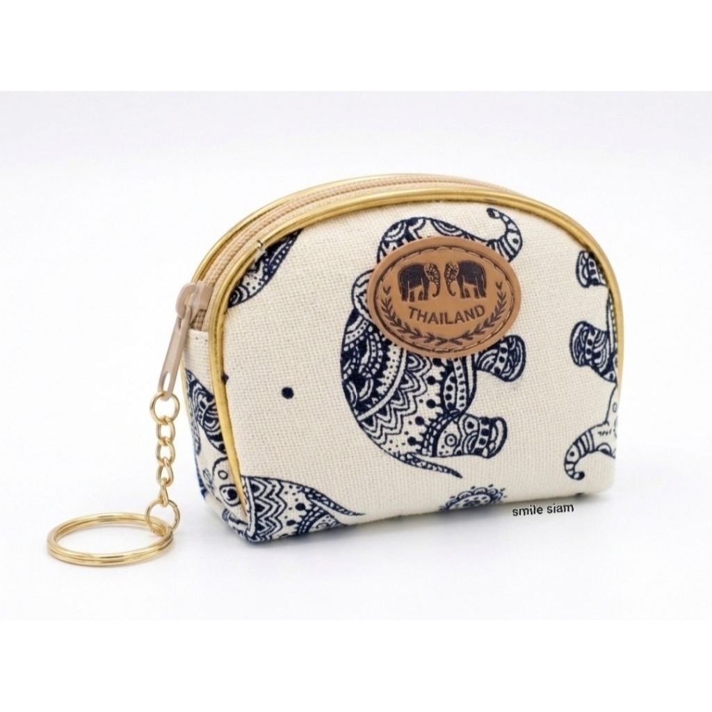 กระเป๋าใส่เหรียญ ลายครามผ้าดิบ ลายช้างไทย สินค้าที่ระลึก Thai elephant coin purse
