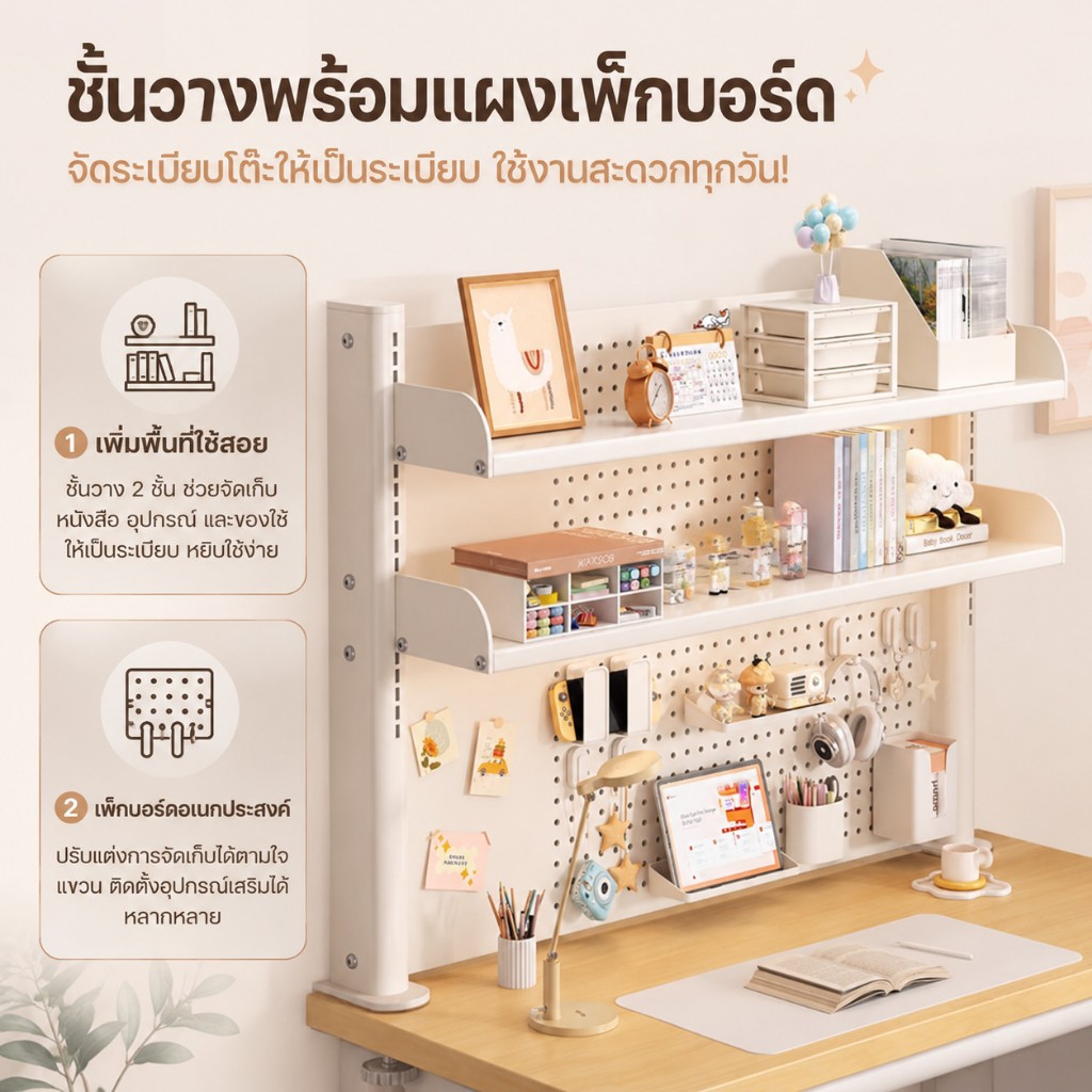 Pegboard ตั้งโต๊ะ DIY ชั้นวางของเหล็ก ปรับความสูงได้ จัดโต๊ะคอม ประหยัดพื้นที่