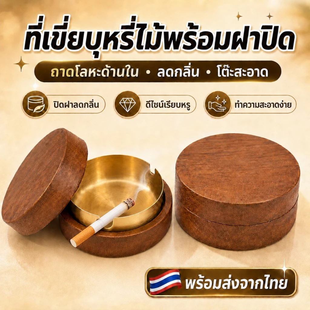 Homiya ที่เขี่ยบุหรี่ไม้พร้อมฝาปิด ถาดโลหะด้านใน ลดกลิ่น โต๊ะสะอาด ดีไซน์เรียบหรู