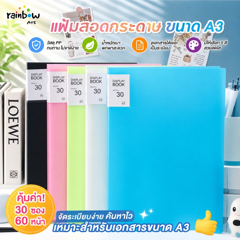 แฟ้มโชว์เอกสาร A3 30 แผ่น มี 4 สีให้เลือก แฟ้มโชว์เอกสาร  วัสดุ PP กันน้ำ แฟ้มใสแบบสอด ซองใสเอกสาร File Folder