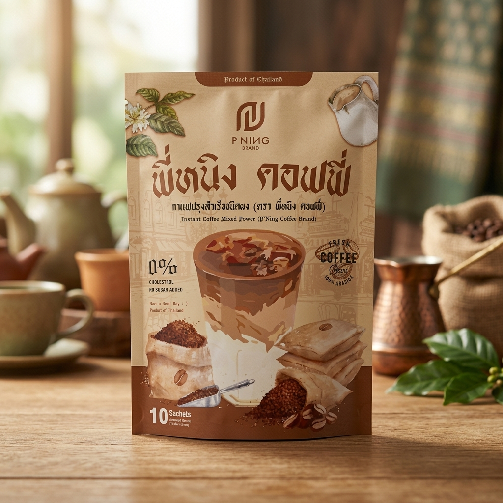 พี่หนิง คอฟฟี่ (P'NING BRAND) กาแฟอาราบิก้าแท้ 100% ไม่มีน้ำตาล (1 ห่อ 10 ซอง)